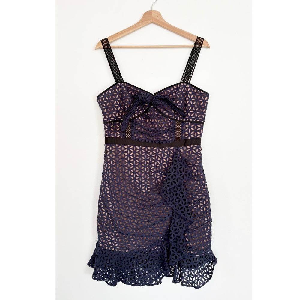 Self-Portrait || Broderie Floral Petal Mini Dress Eyelet Lace Ruffle Navy Blue 8 - Picture 2 of 13